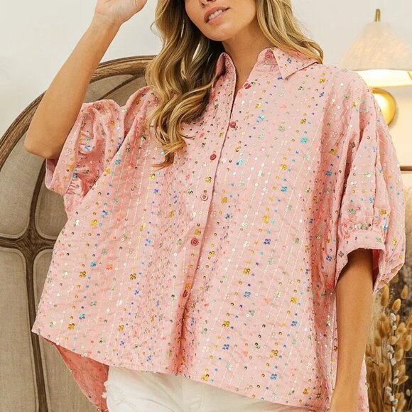 BiBi Sequin Striped Short Dolman Sleeve Blouse - Picture 4 of 14